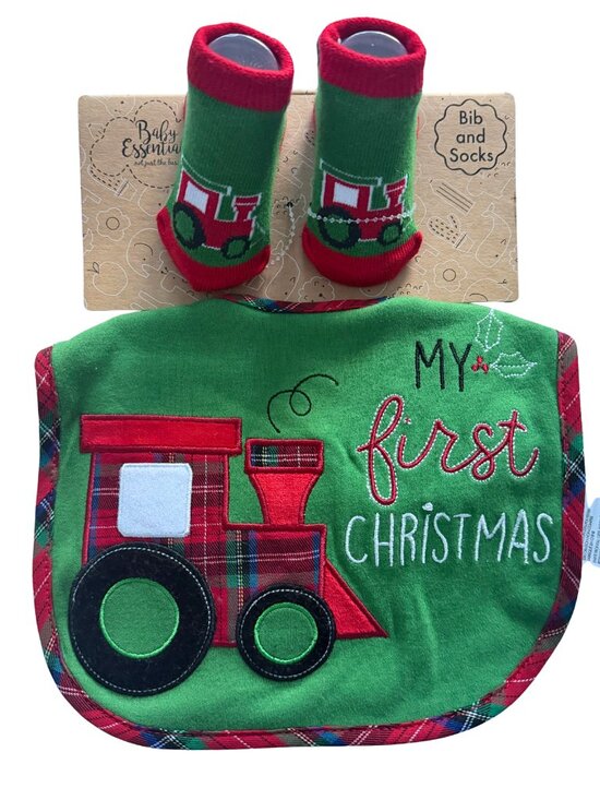 Baby Essentials Other - Baby Essentials My First Christmas Train Bib Socks Set 0–6M NWT
